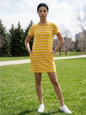 Free Assembly Striped Yellow & White Short Sleeve Mini Dress